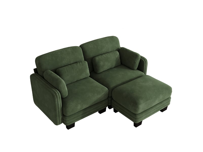  Canapé d'angle modulable - 2 places - forme l - 1 ottoman - coussins d'accoudoirs - tissu chenille - structure en bois massif - vert CozyNest - Conforama A