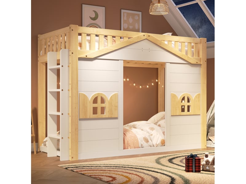  Lit mezzanine 90x200 cm avec fenêtre, lit superposé en bois massif, lit enfant blanc et bois naturel  - Conforama C