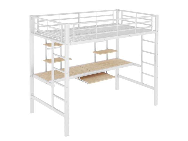  Lit mezzanine métal blanc - avec bureau - 90x200 cm - étagères intégrées - échelle fixe - balustrade de sécurité  - Conforama W