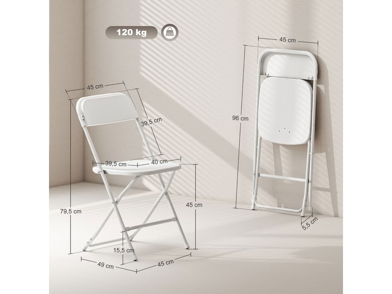  Lot de 6 chaises pliantes avec trous d’évacuation et patins antidérapants  - cadre en acier, plastique - blanc  - Conforama D