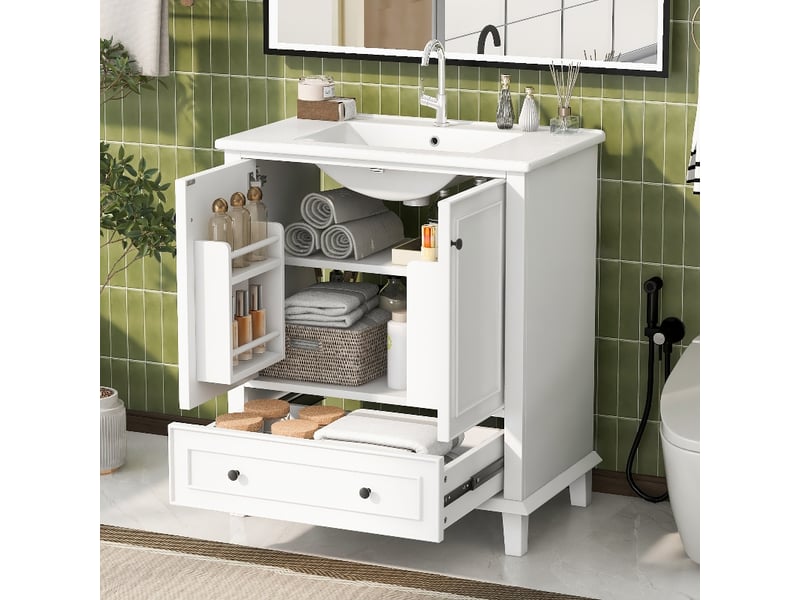  Meuble salle de bain sur pied 76x46x87cm avec vasque en céramique intégrée, meuble vasque 76 cm blanc, pieds en bois massif  - Conforama C