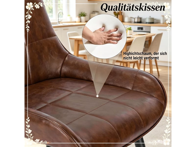  Chaises de salle à manger lot de 4 avec dossier courbé  - assise rembourrée simili cuir marron  - Conforama E
