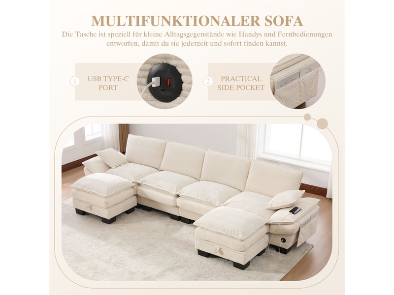 Canapé d'angle 4 places en velours côtelé beige avec usb-c et rangement intégré sous les poufs - Conforama D
