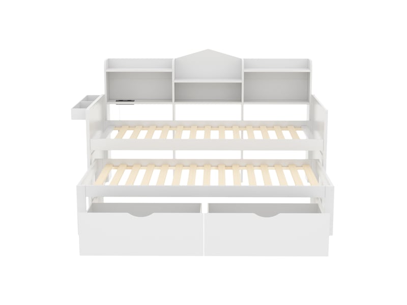  Lit banquette 90x200 cm – blanc – couchage gigogne 90x190, 2 tiroirs, rangements et prise usb - sans matelas  - Conforama D