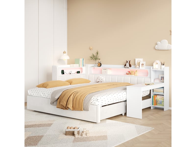  Lit gigogne extensible 90/180x200 cm avec bureau, led 7 couleurs, ports usb, tissu lin blanc, sans matelas  - Conforama R