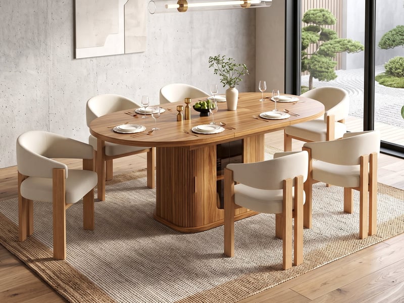 Ensemble table extensible 160200 x 90 cm + 6 chaises ergonomiques rembourrées, aspect bois, coins arrondis, plateau épaissi - Conforama B
