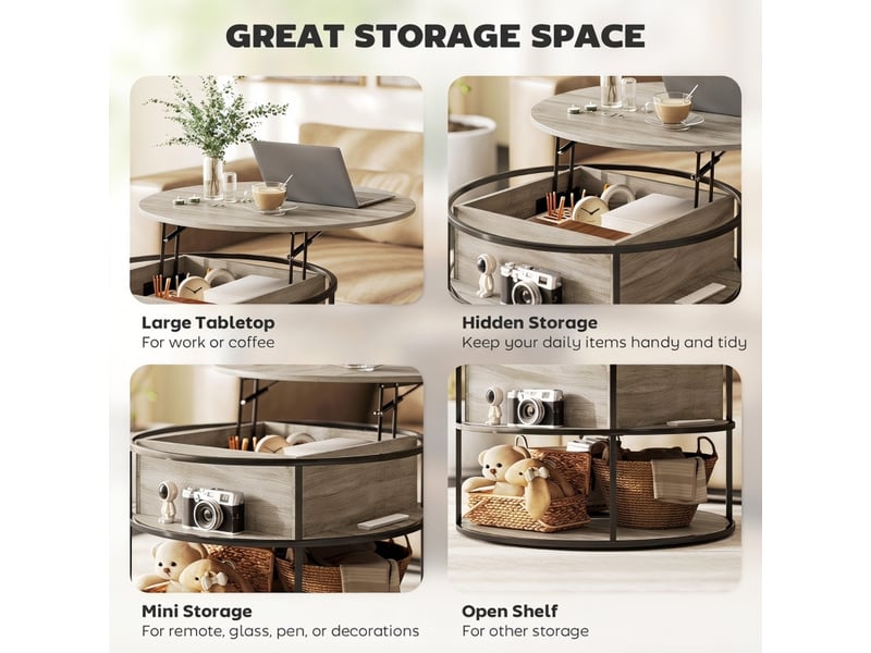  Table basse ronde avec plateau relevable, étagères latérales, espace de rangement, structure en acier, en chêne  - Conforama R