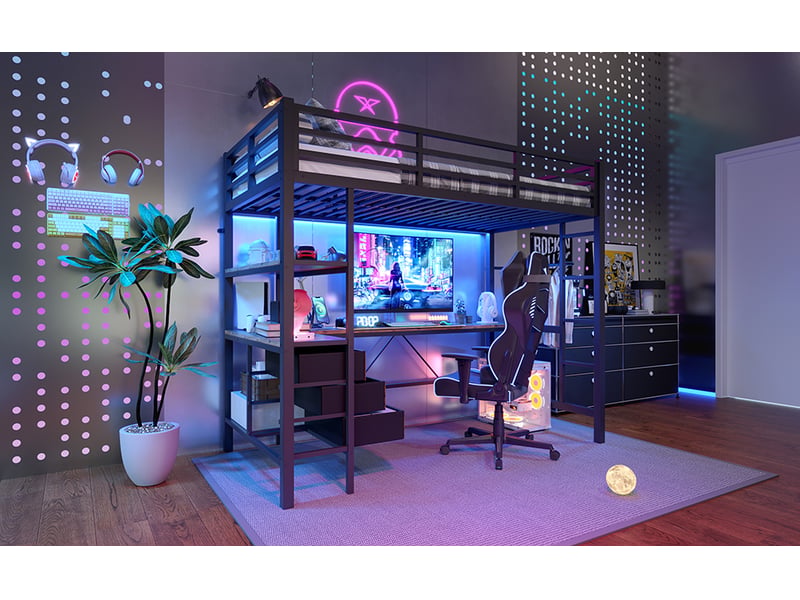 Lit mezzanine,90x200 cm,avec led,bureau prises usb,tiroirs,métal,noir - Conforama B