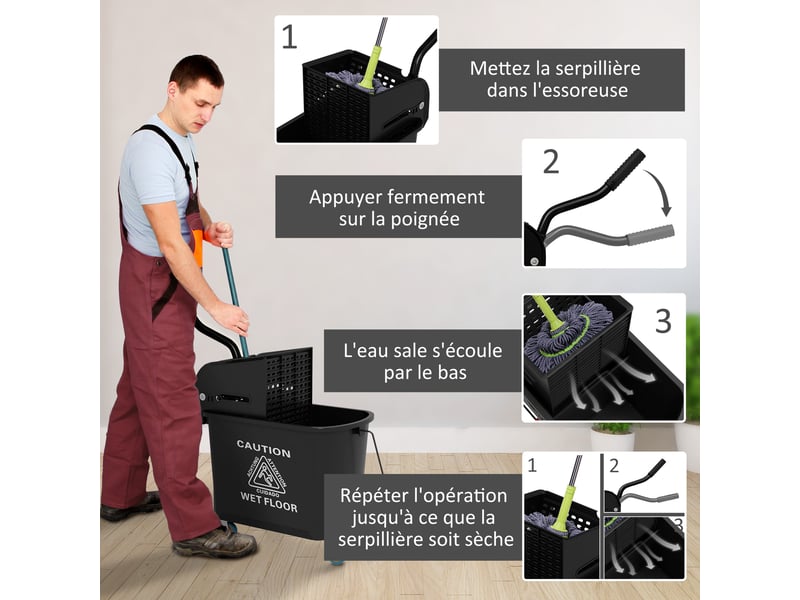 Chariot de nettoyage lavage seau de ménage 20 l 60l x 27l x 70,5h cm avec essoreur et séparateur eau sale propre noir  - Conforama R