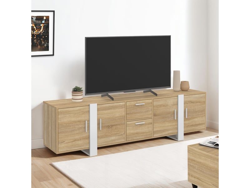 Meuble tv 180 cm phoenix 4 portes + 2 tiroirs bois et blanc  - Conforama B