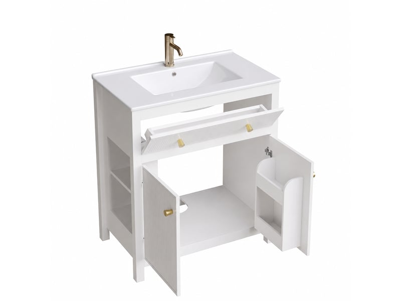  Meuble sous vasque blanc 81 cm avec vasque en céramique, façade cannelée et rangements  - Conforama A