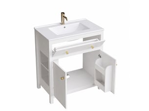 Meuble sous vasque blanc 81 cm avec vasque en céramique, façade cannelée et rangements