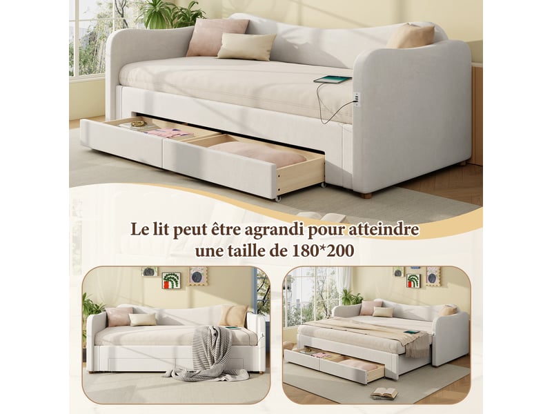  Lit banquette extensible rembourré 90x200 cm, couchage 180x200 cm, 2 tiroirs, usb et type-c, velours beige Radiant Stride - Conforama E