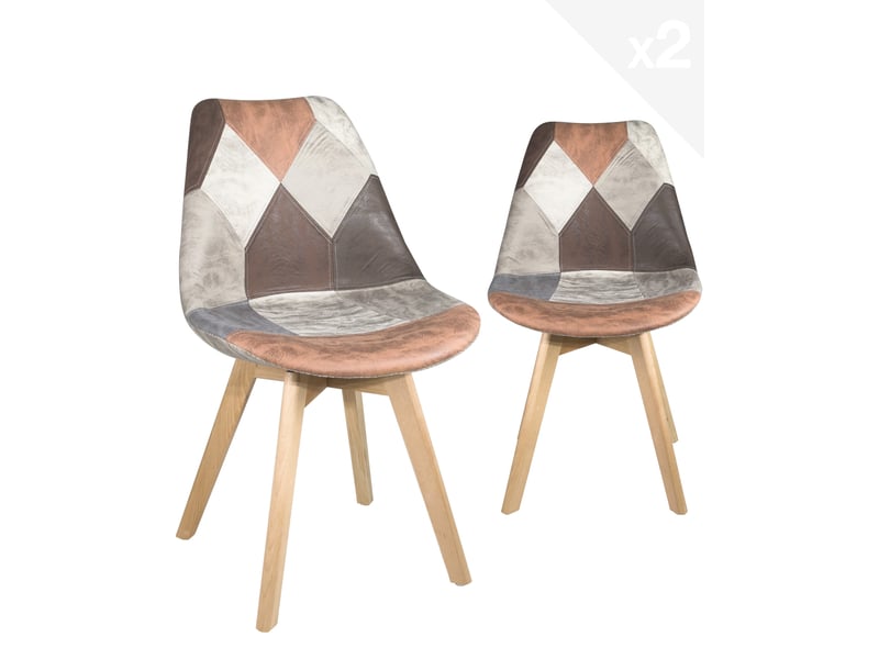 Lot de 2 chaises scandinaves patchwork multicolore large siège rembourré pieds bois clair lao (marron) 706-LAO - Conforama A