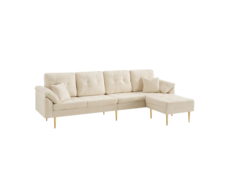  Canapé droit 4 places avec pouf mobile modulable en angle, assise épaisse, pieds en fer, velours côtelé beige clair  - Conforama A
