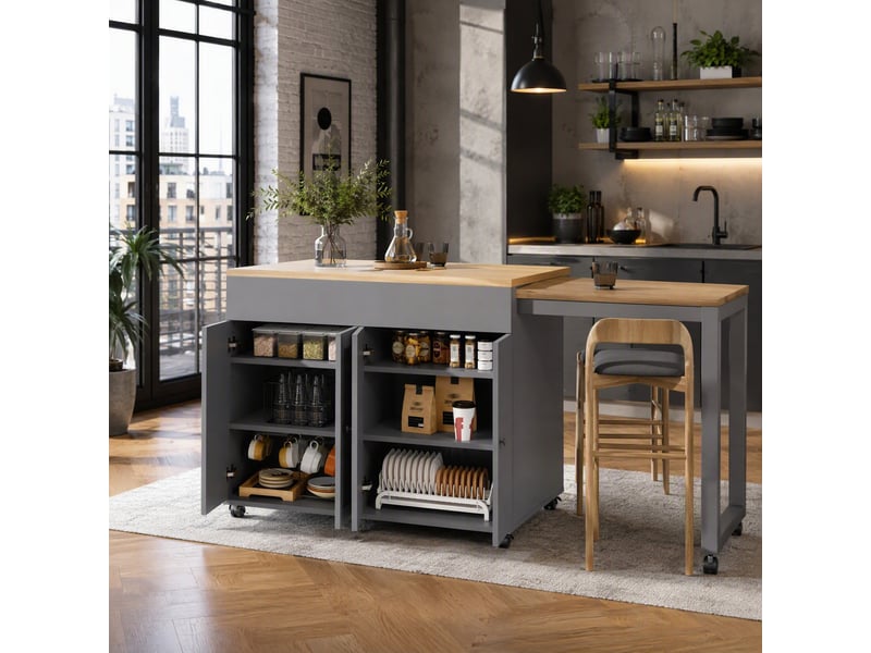  Table de bar extensible avec rangement 6 niches - lpospi - plateau coulissant, roulettes fixes, mdf gris 117 × 50 × 94,6 cm  - Conforama C