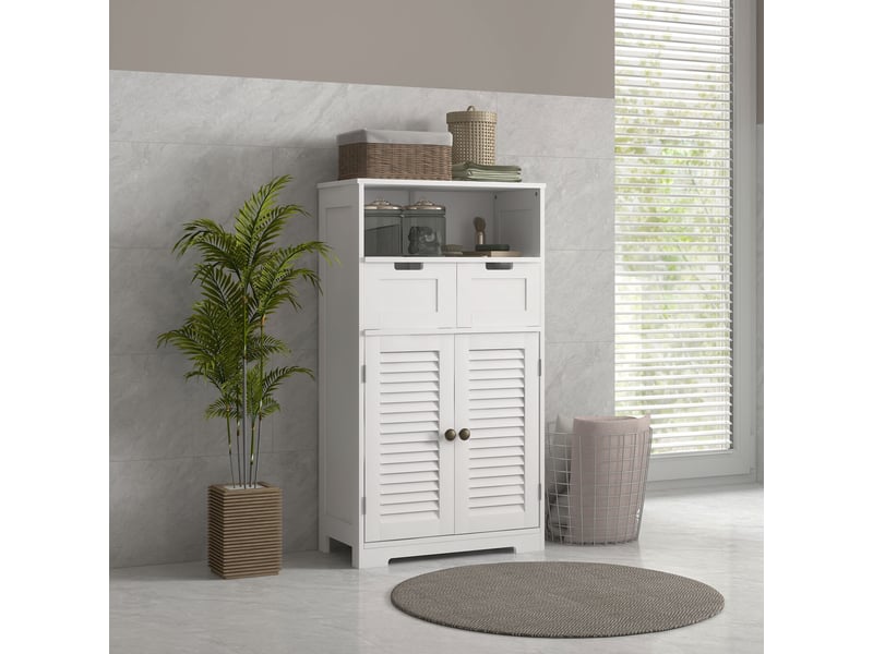 Meuble de salle de bain à 2 portes, étagère réglable, 2 tiroirs et compartiment de rangement, 61 x 30,5 x 109,5 cm, blanc - Conforama D