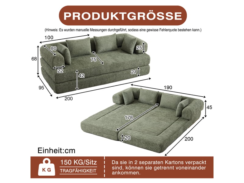 Canapé convertible 2 places 4 en 1 modulable, dossier réglable, sans montage, base antidérapante, 4 coussins, mousse haute élasticité, chenille kaki - Conforama D