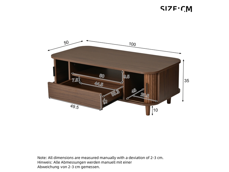  Table basse avec 1 tiroir et 2 portes, table salon en bois couleur noyer, 100x50x35 cm  - Conforama C