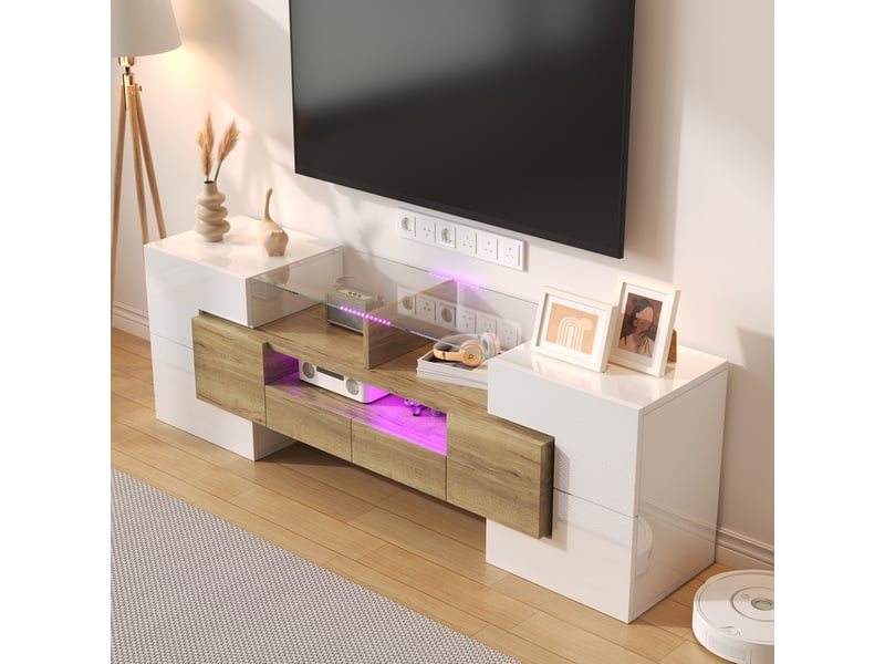  Meuble tv modenvie 145 x 30 x 51 cm led multicolore blanc brillant et bois  - Conforama E
