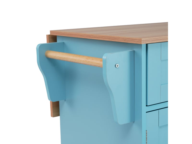 Buffet rétro bleu 129x46x91,5 cm en bois massif avec plateau rabattable, rangement et roulettes, meuble cuisine ou salle à manger - Conforama E