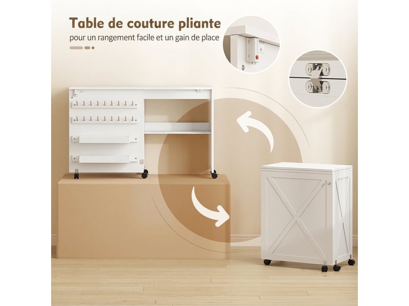  Table de couture pliante, meuble couture roulant, porte magnétique de grange, 2 bacs, étagère, 18 chevilles, blanc  - Conforama E