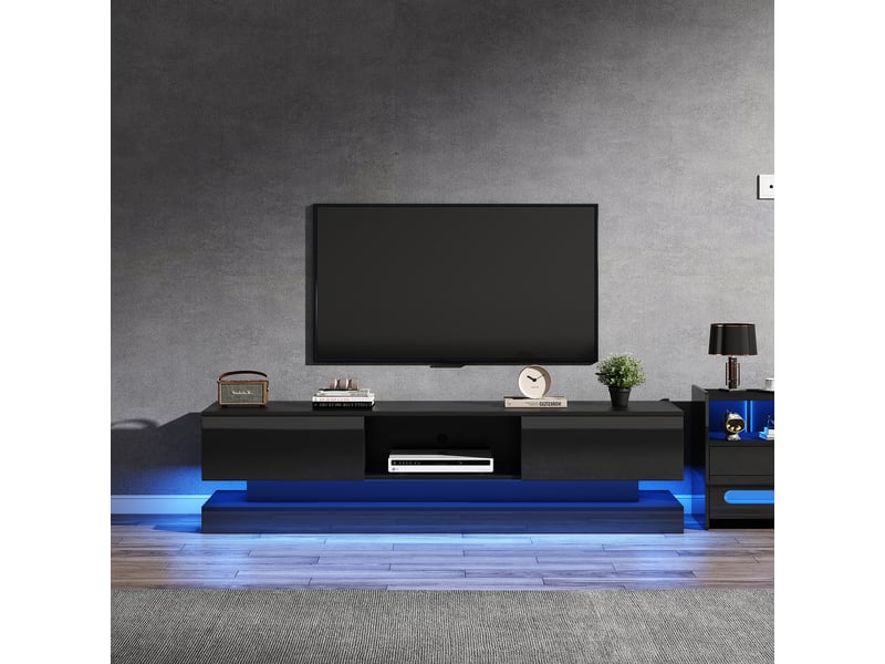  Meuble tv noir brillant 160x35x40,5 cm avec led, contrôle des applications, 2 tiroirs, conception anti-basculement, meuble tv bas  - Conforama A
