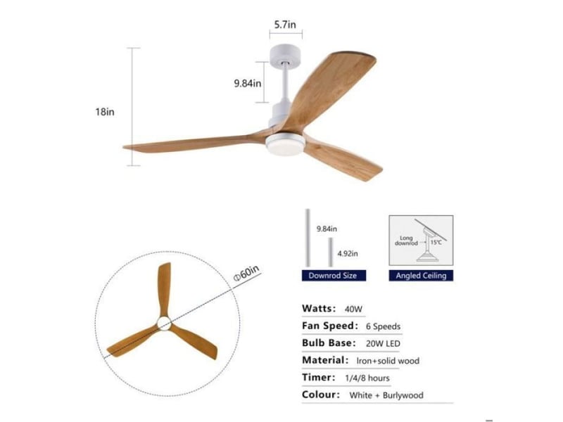  Ventilateur de plafond 60’’ bois blanc, éclairage led à 3 températures, moteur dc réversible silencieux, 6 vitesses avec télécomma  - Conforama C