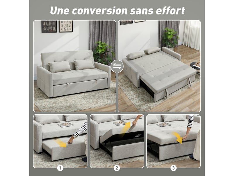  Canapé convertible 2 places 3 en 1, canapé-lit clic-clac, lit gigogne, dossier réglable, marron clair, 158x85x85cm  - Conforama A