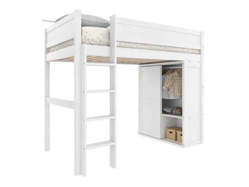 Lit mezzanine enfant 200×90 cm avec armoire, compartiment de rangement et espace ouvert, sans matelas, blanc  - Conforama A