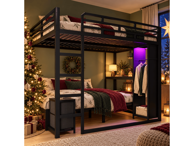 Lit superposé 140 x 200 et 90 x 200 cm avec chevet mobile, penderie, led, étagère, échelle et garde-corps, métal et bois - noir OMNIGLINT TRADING LTD - Conforama B