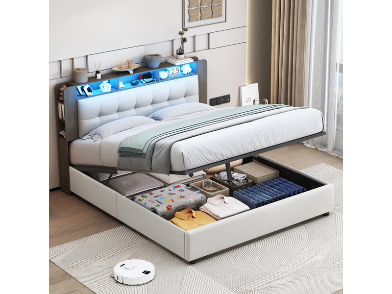 Lit coffre 140x200 cm - lit double 140x200 capitonné avec tête de lit rangements, chargeur sans fil, led et velours - beige  - Conforama D