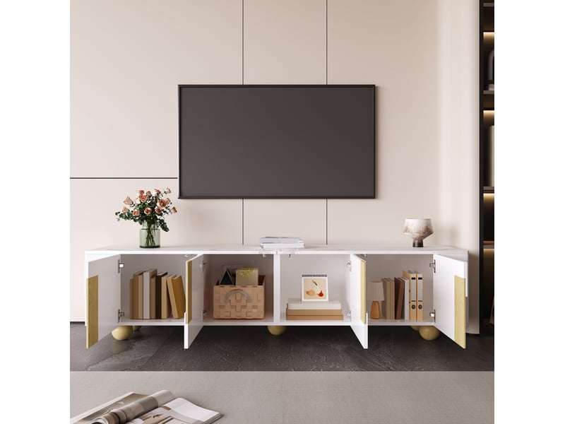 Meuble tv 180 cm à 4 portes, effet marbre, mdf, panneaux de particules, blanc  - Conforama D