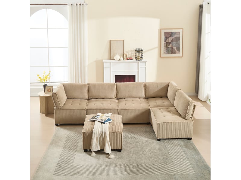  Canapé d'angle modulable 6 places en velours côtelé kaki, configuration u ou l et couchage pour le salon  - Conforama B