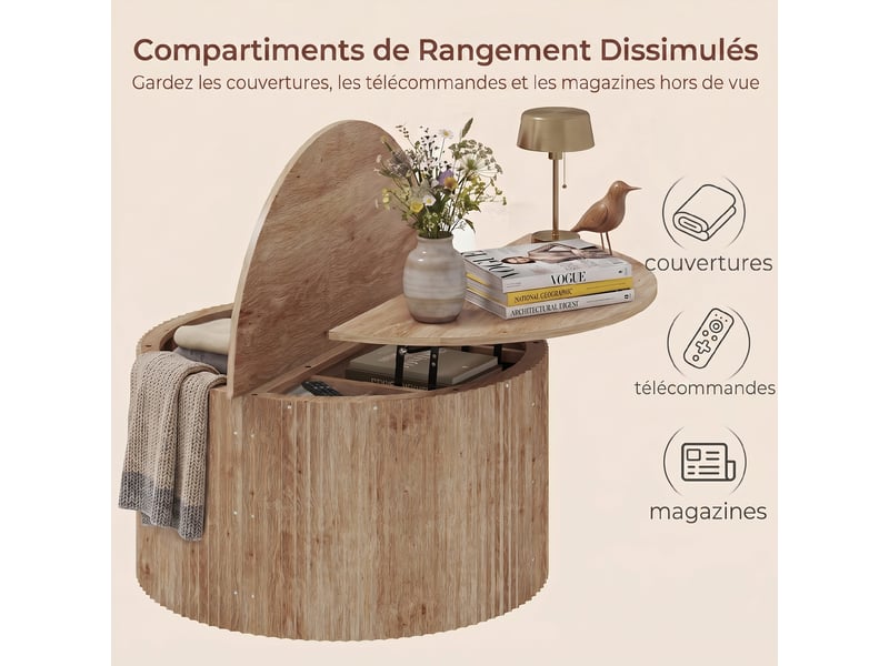  Table basse relevable, bois naturel, table de salon avec compartiment caché et plateau à fermeture douce  - Conforama E