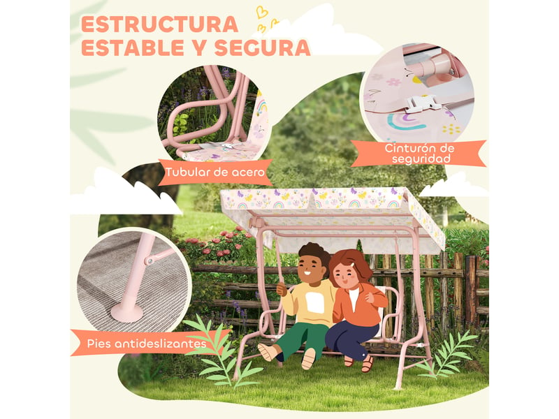 Balançoire de jardin extérieure pour enfants de 3 ans et plus, avec auvent réglable et harnais de sécurité, 112 x 75 x 120 cm, rose - Conforama E