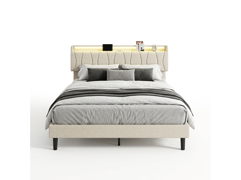 Structure de lit double 140x200 cm avec sommier à lattes, prises usb et type-c, éclairage led au niveau de la tête de lit avec rangement, lit rembourré en lin sur pieds hauts, lit 2 personnes fonctionnel pour chambre à coucher m… - Conforama A
