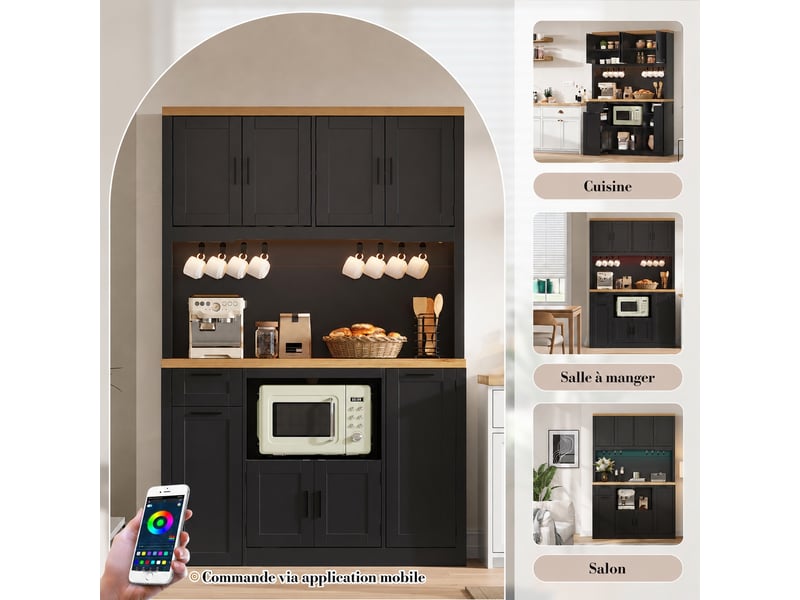Meuble de cuisine muvano, armoire de cuisine haute avec éclairage led rgb, noir et décor bois, 120 × 40 × 182 cm - Conforama B