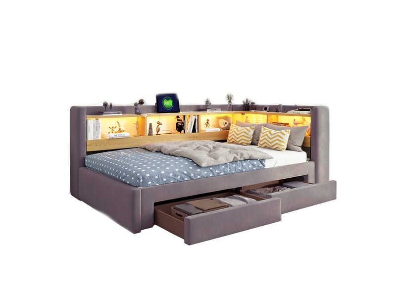  Lit gigogne 90x200, banquette-lit 3-en-1 avec tiroirs, forme l, led et prise, convertible 180x200cm, gris  - Conforama A