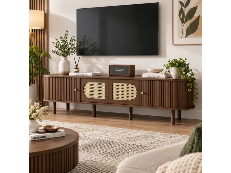  Meuble tv 180 cm décor noyer foncé avec portes effet rotin et portes coulissantes, pour tv jusqu’à 80 pouces  - Conforama B
