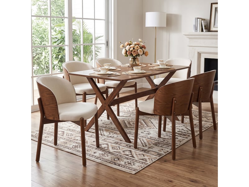  Lot de 4 chaises de salle à manger à dossier enveloppant  - assise rembourrée en lin, bois noyer  - Conforama B