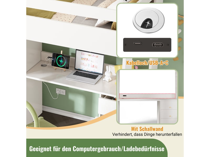  Lit mezzanine enfant 90x200 cm, tiroirs, porte, étagères,  usb type-c, sommier, mdf blanc, sans matelas  - Conforama E