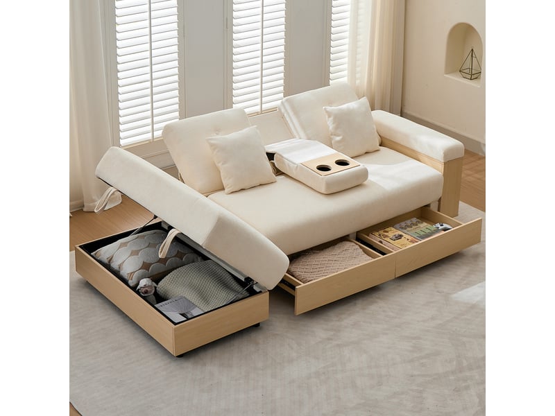  Canapé convertible, canapé-lit, en tissu chenille, beige, porte-gobelets, dossier réglable 3 positions, 217 cm, avec pouf  - Conforama D