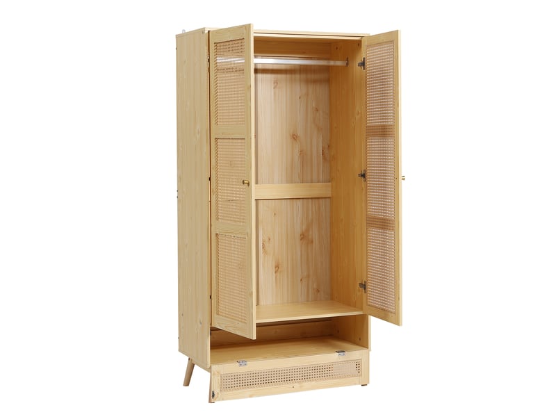  Armoire 2 portes avec tringle, armoire de rangement pour chambre et salon, design rattan pe, coffre à fermeture à bascule, couleur naturelle  - Conforama D