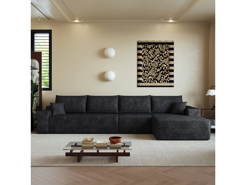  Canapé d'angle modulable 340 cm avec méridienne en l - 4 places noir - sans montage  - Conforama D