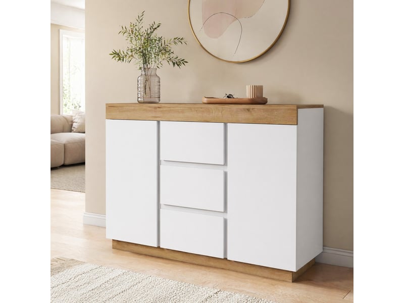  Commode avec 3 tiroirs et 2 portes, style classique, pour chambre et salon, panneau de particules blanc chêne  - Conforama D