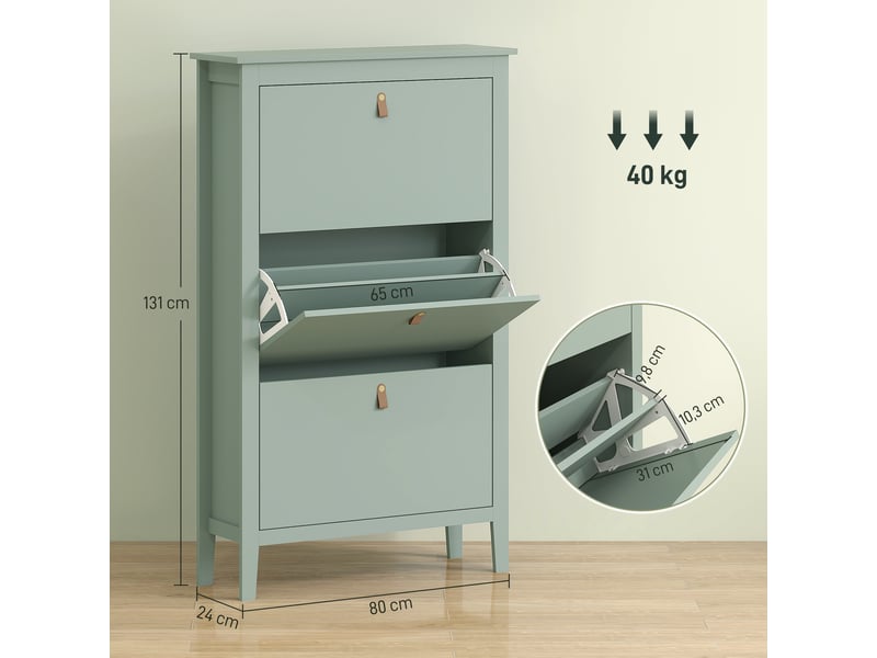 Meuble à chaussures 3 portes battantes poignées lanières boucles effet cuir vert  - Conforama C
