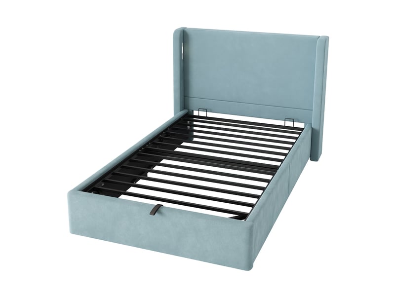  Lit enfant 90 x 200 cm avec coffre hydraulique - velours bleu, sommier inclus, led et usbtype-c  - Conforama A