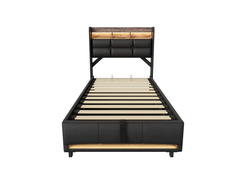 Dreammespace lit coffre 90x200 cm - lit simple 1 place avec rangement hydraulique prises et led ambiance, métal et simili cuir pu noir DreamMespace - Conforama A