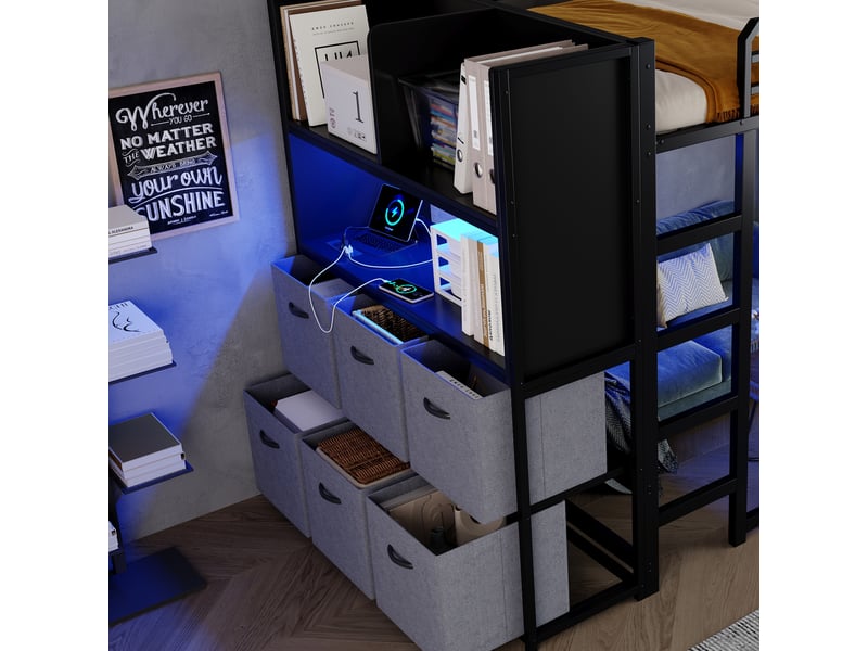  Lit mezzanine 120 × 200 cm, métal et bois, rangement latéral, tiroirs tissu, éclairage, prises et usb, noir et gris  - Conforama E